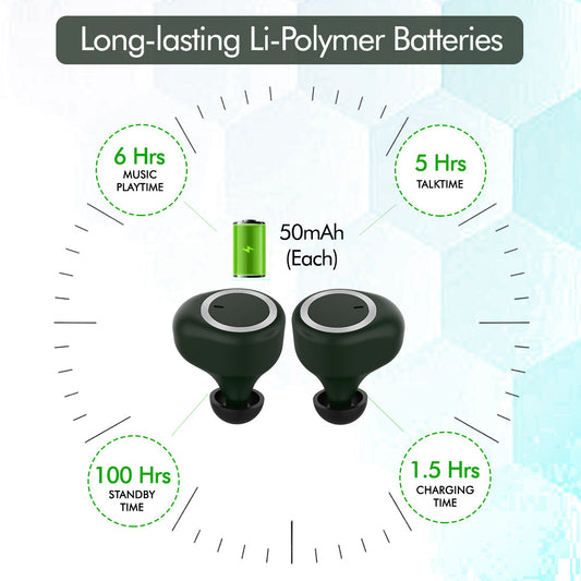 pTron Bassbuds True Wireless Bluetooth Headphones (TWS) with Mic - (Green)