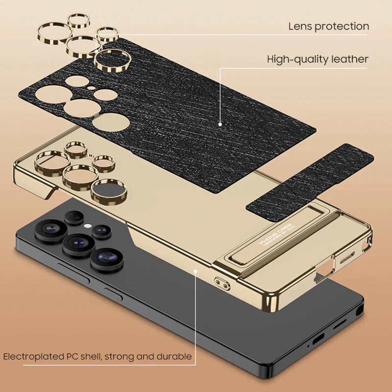 Luxurious Gold Filigree Silver Brocade Holder Leather Case - Samsung