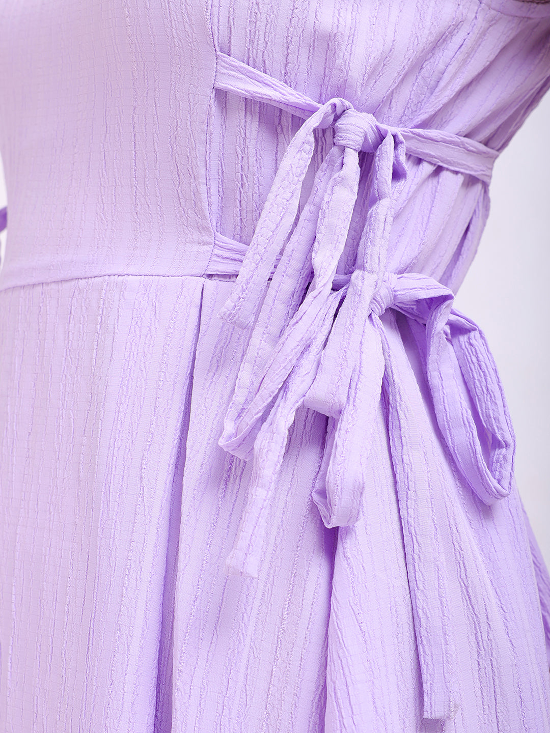 Women's Purple Flare Textured Round Neck Midi Dress