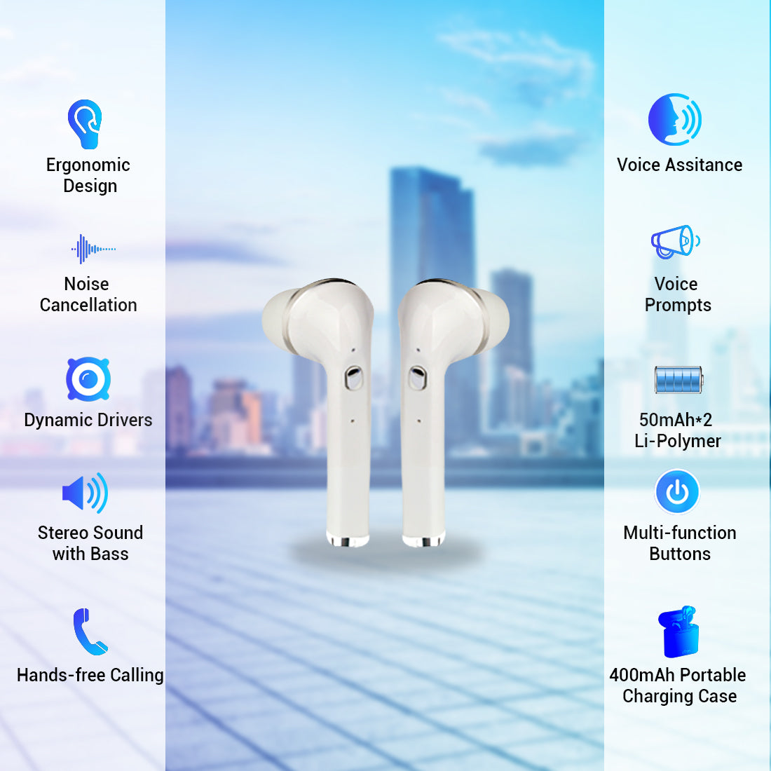 pTron Bassbuds Lite In-Ear True Wireless Bluetooth Earphones (TWS) with Mic - (White)