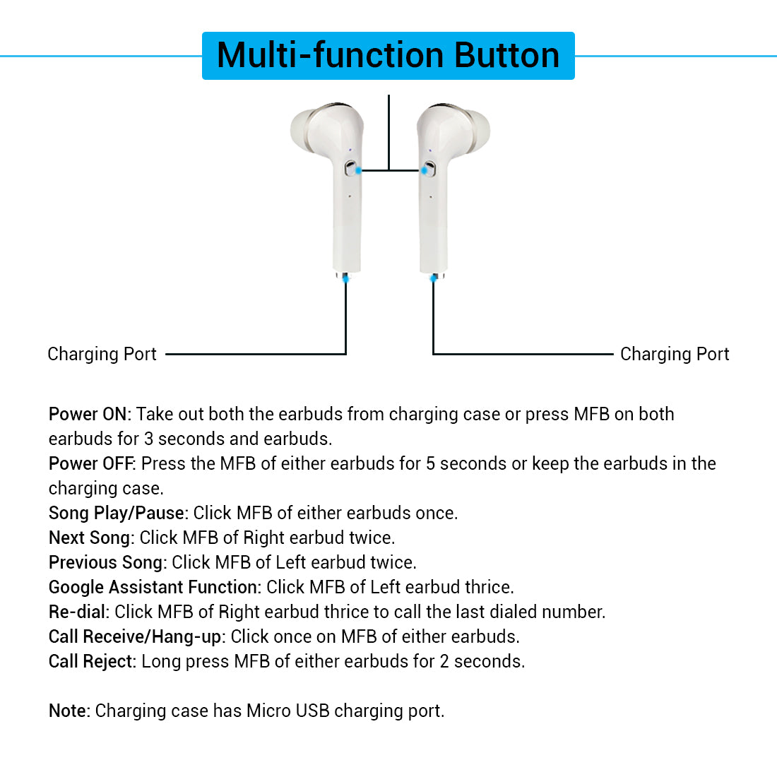 pTron Bassbuds Lite In-Ear True Wireless Bluetooth Earphones (TWS) with Mic - (White)
