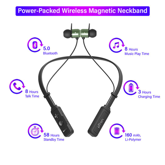 pTron InTunes Elite Bluetooth 5.0 Sports Neckband with 8 Hours Music Time & Mic - (Black/Grey)