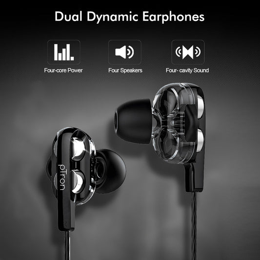 pTron Boom Pro 4D Deep Bass Dual Driver Wired Earphones with Mic for All Smartphones - (Black & Silver)