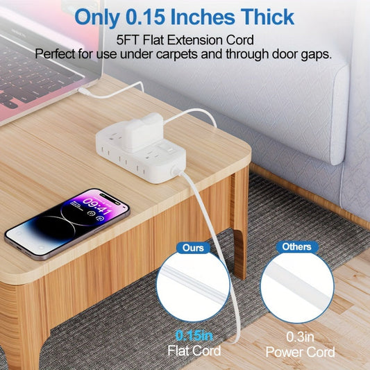 5Ft Ultra Thin Flat Plug Surge Protector Power Strip