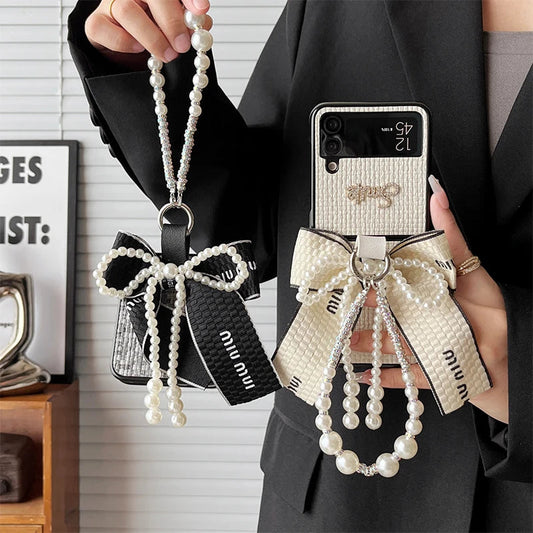 Beautiful Pearl Bow Case With Strap - Samsung