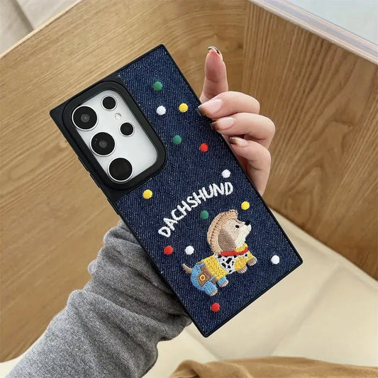 Denim Dachshund Embroidered Phone Case - Samsung