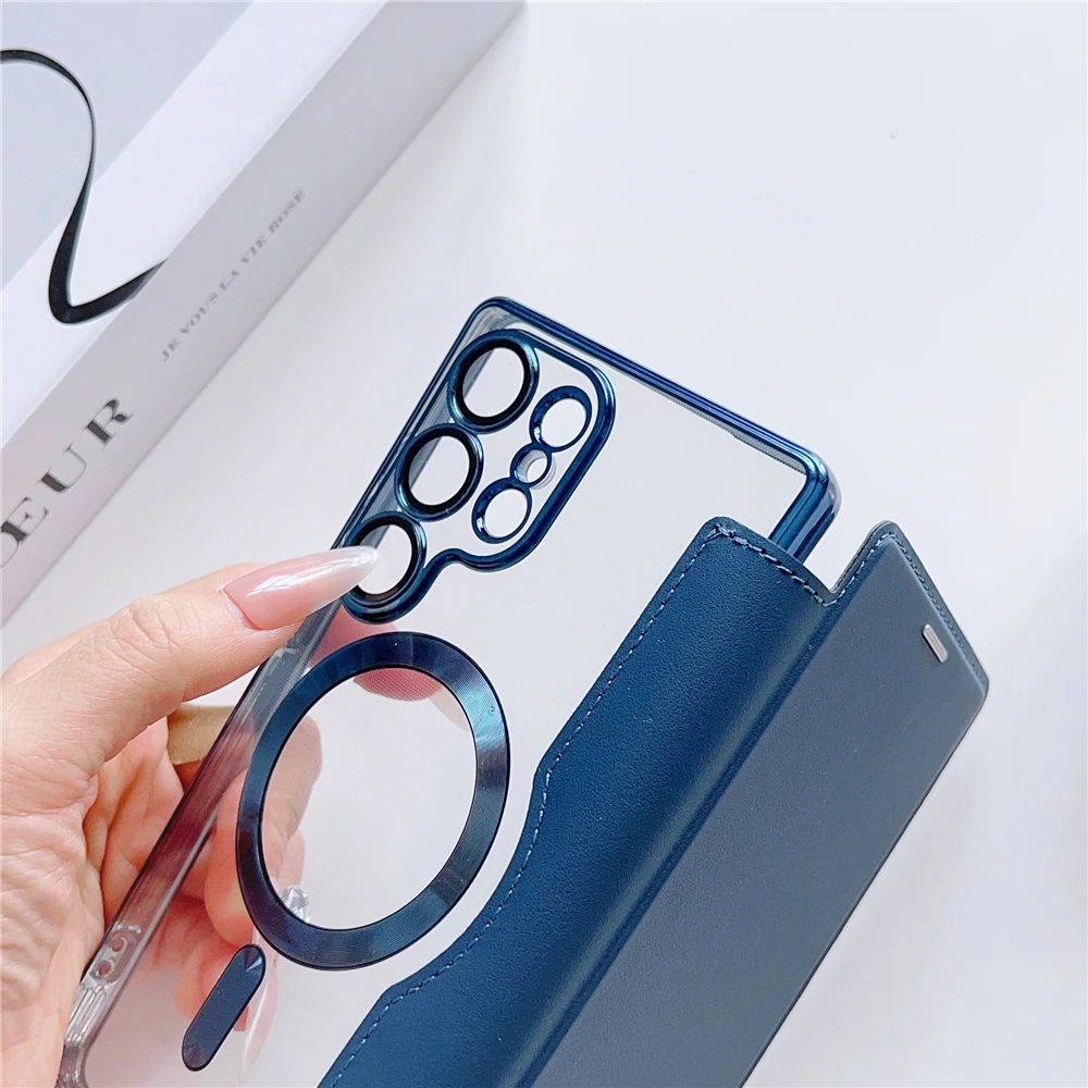 Galaxy S25 Ultra Magnetic Magsafe Genuine Leather Flip Case