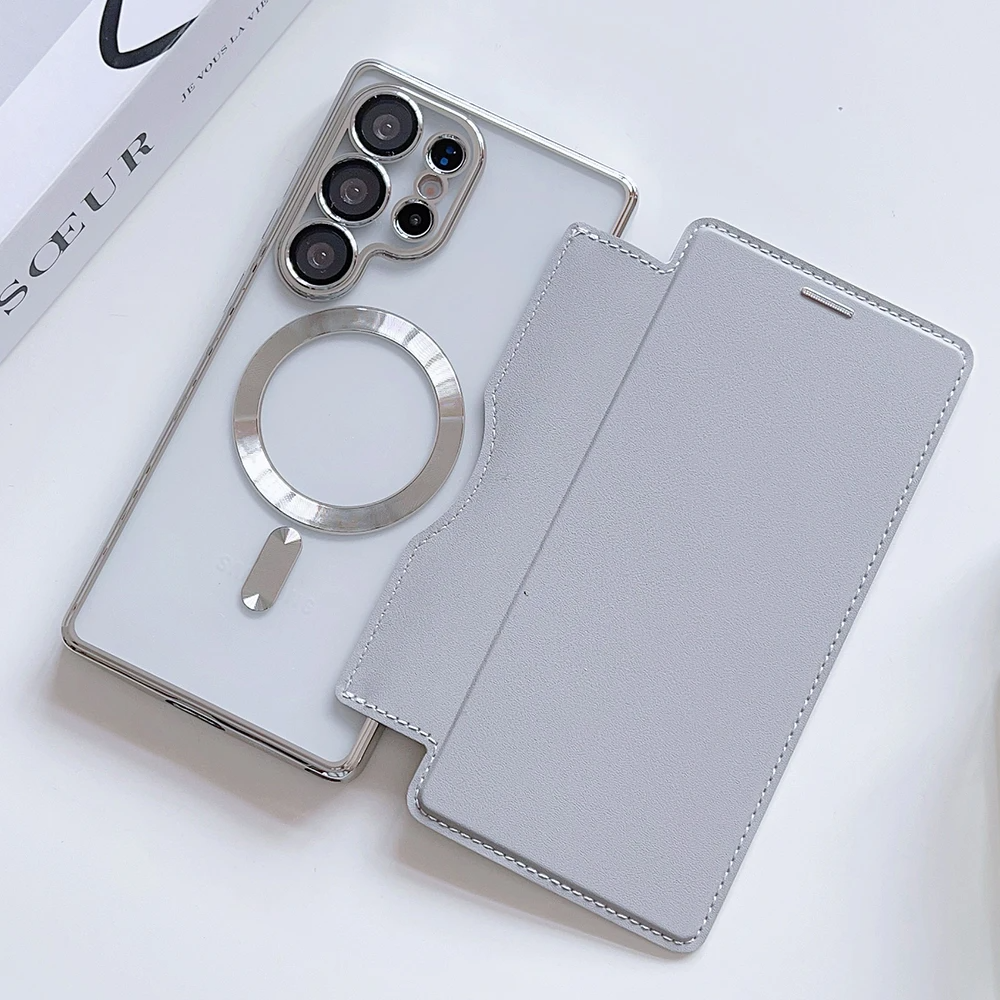 Galaxy S25 Ultra Magnetic Magsafe Genuine Leather Flip Case