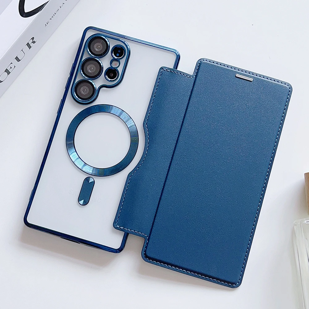 Galaxy S25 Ultra Magnetic Magsafe Genuine Leather Flip Case