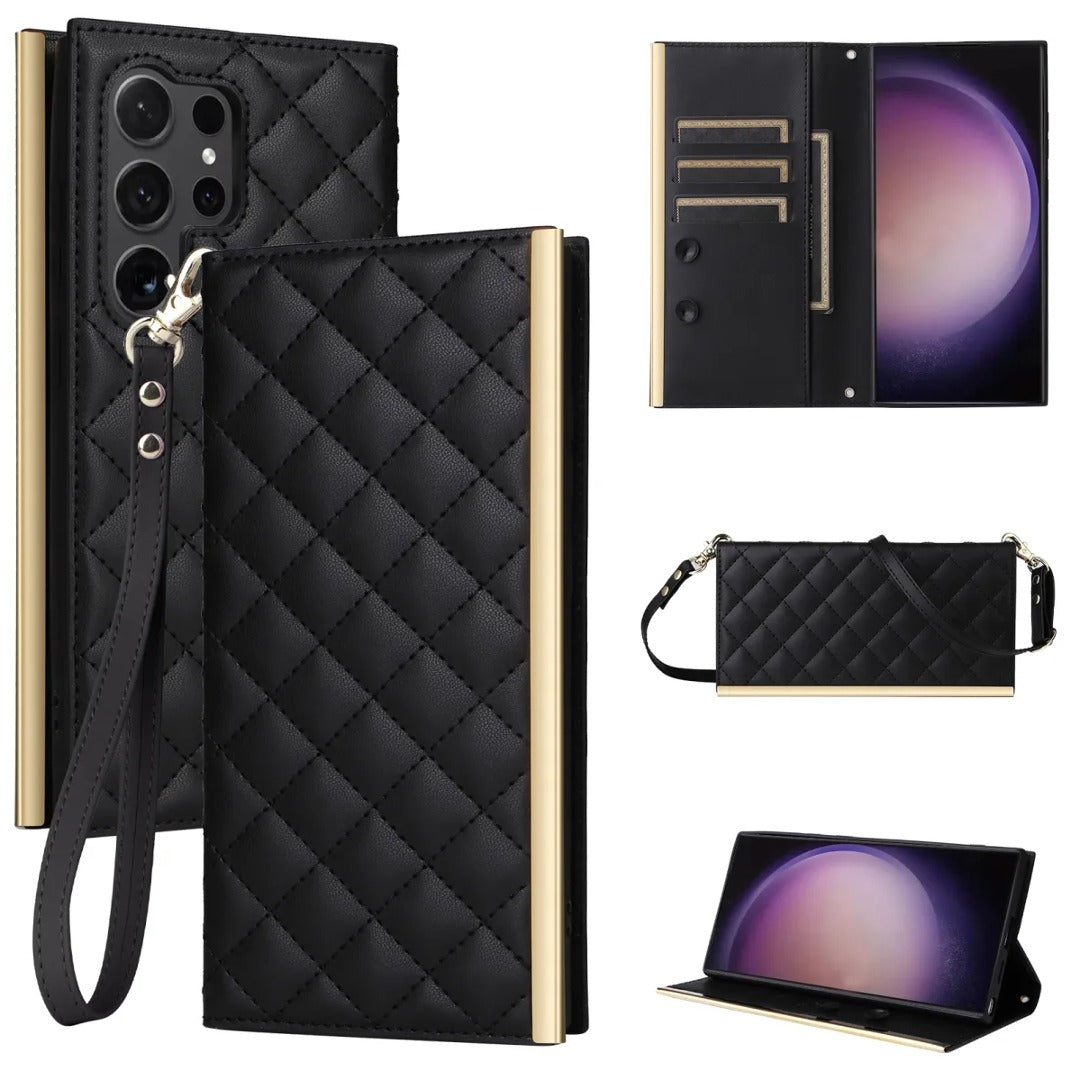 Elegant Quilted Wallet Phone Case with Strap - Samsung
