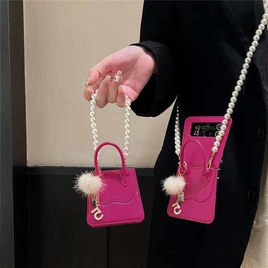 Cute Mini Handbag Case With Pearl Strap - Samsung