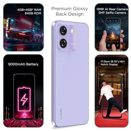 Lava O3 (Glossy Lavender, 4 GB RAM, 64 GB Storage) | Biggest 6.75" HD+ Display | 13MP AI Dual Rear Camera | 5000 mAh Battery | Secure Face Unlock | Fingerprint Reader | Charger & Phone-Cover in Box