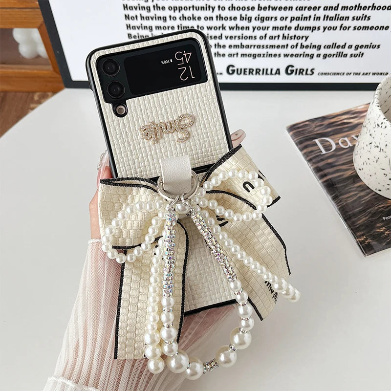 Beautiful Pearl Bow Case With Strap - Samsung