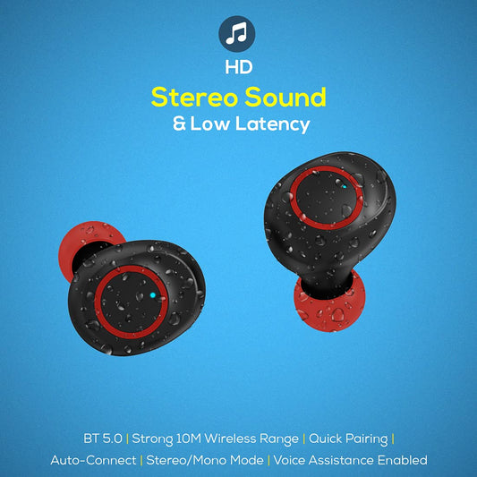 PTron Bassbuds Jets Bluetooth Truly Wireless In-Ear Headphone With Mic (Black and Red)