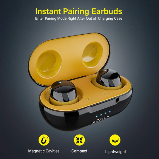 pTron Bassbuds Elite True Wireless Headphones (TWS), Bluetooth 5.0, Hi-Fi Sound with Bass, Auto Pairing, Passive Noise Cancellation, Voice Assistance, 12Hrs Playtime with Case & Mic - (Black & Yellow)