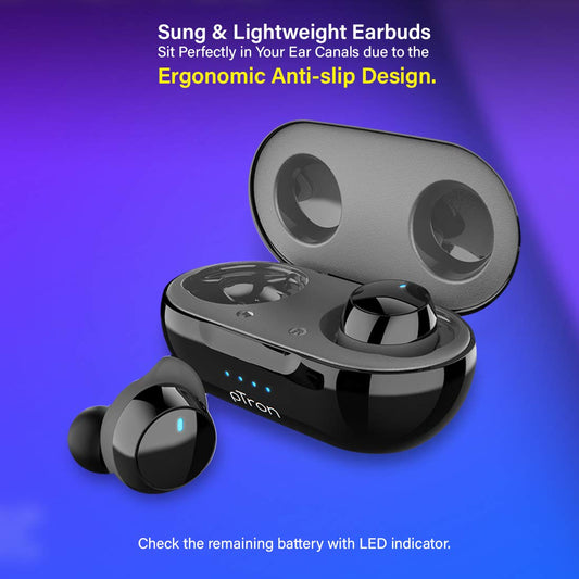 pTron Bassbuds Elite True Wireless Headphones (TWS), Bluetooth 5.0, Hi-Fi Sound with Bass, Ergonomic Earbuds, Auto Pairing, Passive Noise Cancellation, Voice Assistance & Built-in Mic - (Black & Grey)