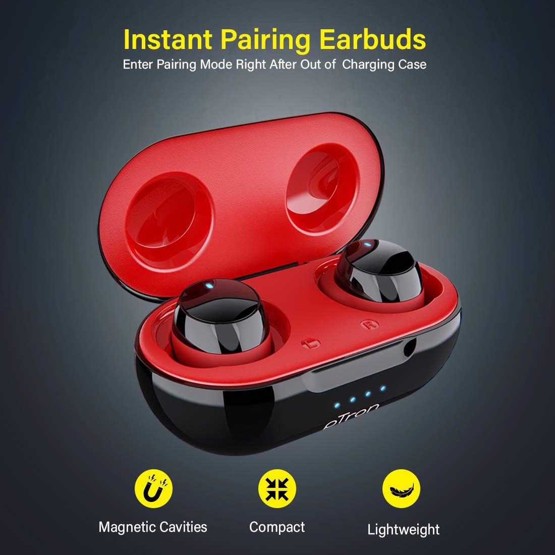 pTron Bassbuds Elite True Wireless Headphones (TWS), Bluetooth 5.0, Hi-Fi Sound with Bass, Passive Noise Cancellation & Mic - (Black & Red)