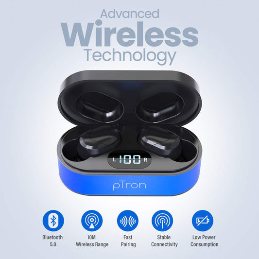 pTron Bassbuds Plus In-Ear True Wireless Stereo Headphones (TWS) with Mic - (Blue & Black)