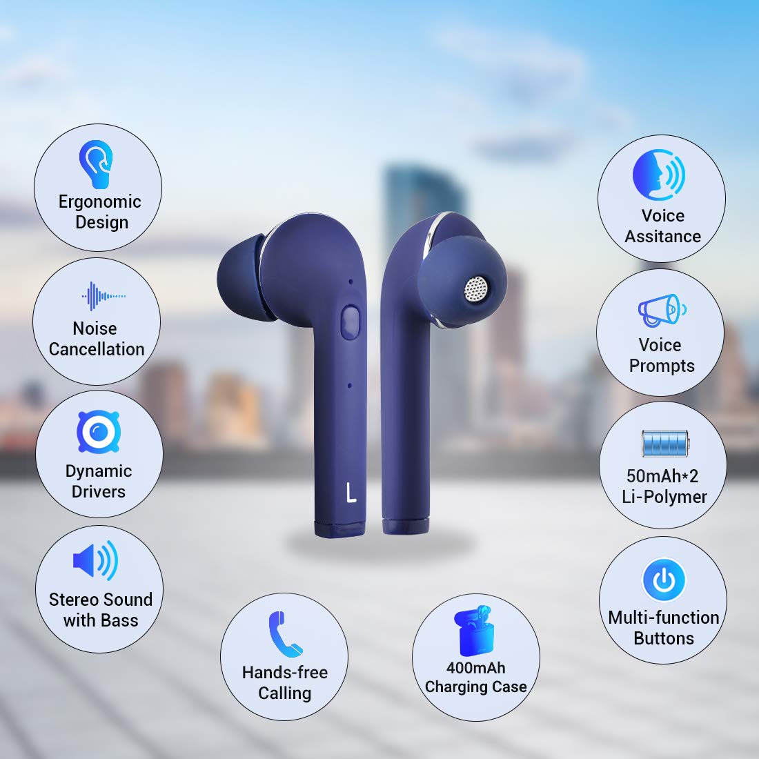 PTron Bassbuds Lite in-Ear True Wireless Bluetooth 5.0 Headphones with Hi-Fi Deep Bass with Built-in Mic - (Blue)