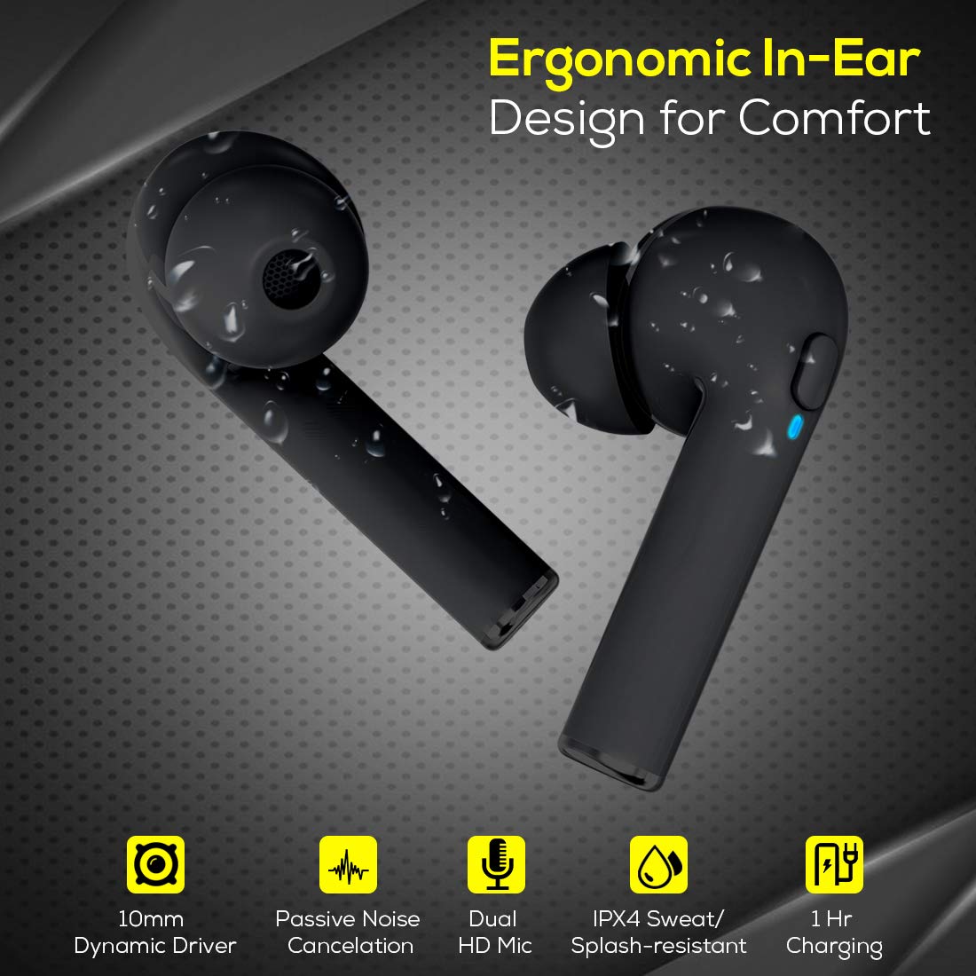 pTron Bassbuds Vista in-Ear True Wireless Bluetooth 5.1 Headphones with Deep Bass, IPX4 Water/Sweat Resistant, Passive Noise Cancelation, Voice Assistance & Earbuds with Built-in HD Mic - (Black)