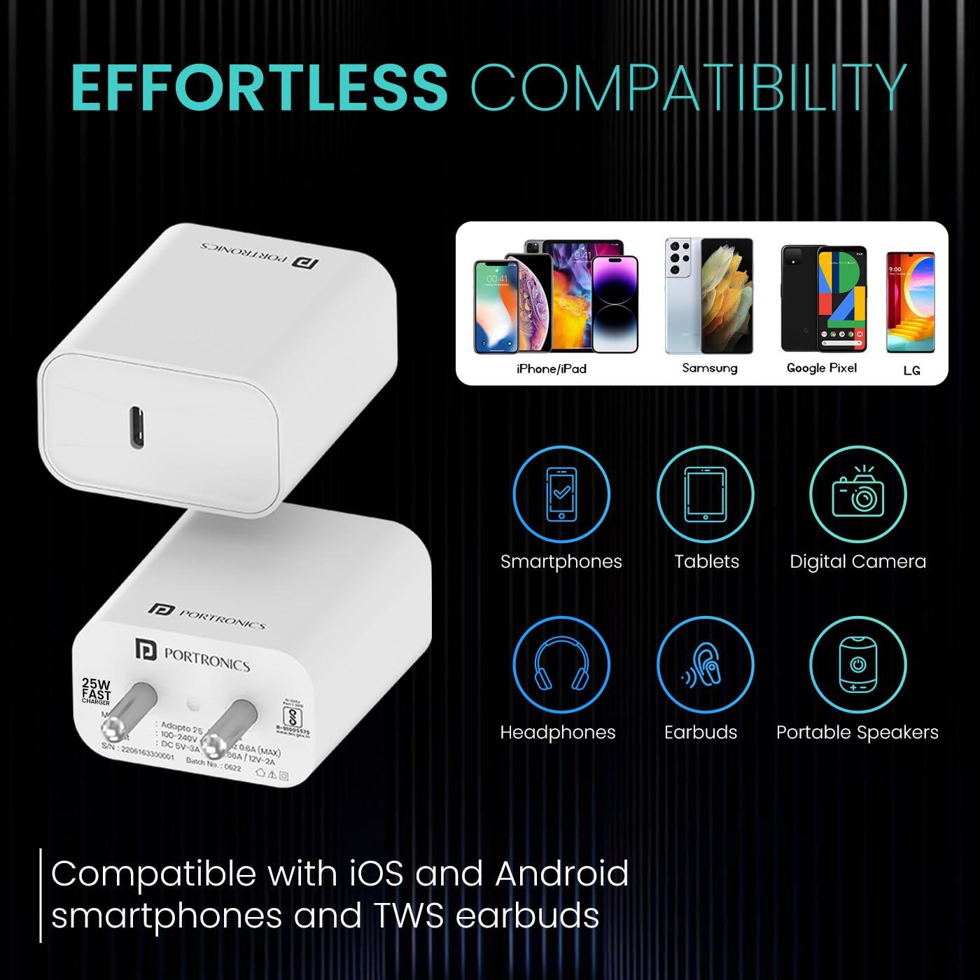 Portronics Adapto 25 25W Super Fast Type C PD Wall Charger for iPhone 15/14/13/12/11 All Pro,Max Series, Samsung Galaxy S/A/M/F Series & Other Type C Devices, PPS Protection,Fast Charging Adaptor