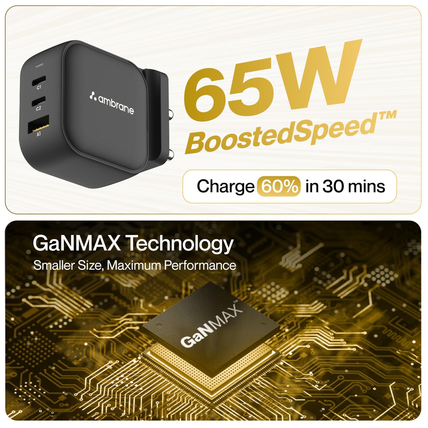 Ambrane 65W Charger Adapter, 3 Ports - 2 Type C & 1 USB for Samsung, Type C Laptops: MacBook, Dell, HP, ASUS, Fast Charger with PD Technology & GaN Technology for All Devices (RAAP G65, Black)