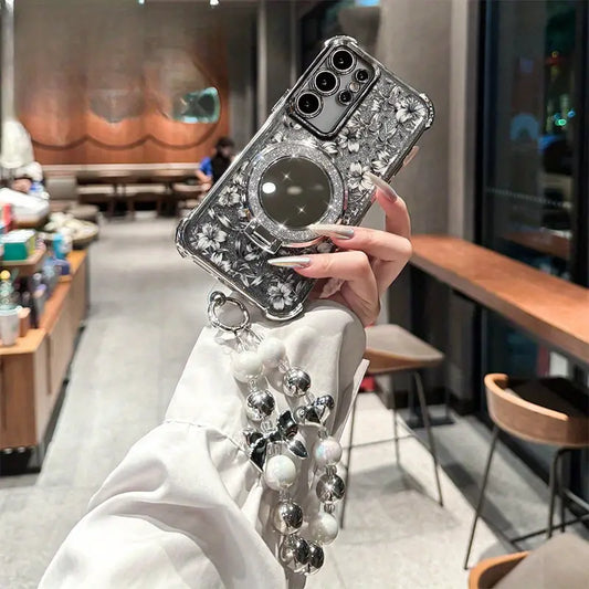 Bloom Glitter Mirror Stand Case With Charm - Samsung