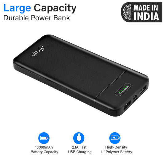 pTron Dynamo Lite 10000mAh Li-Polymer Power Bank, Made in India, 10W 2.1A Fast Charging Power Bank for Smartphones & Dual USB Ports, Type C & Micro USB Input, Safe & Reliable - (Black)