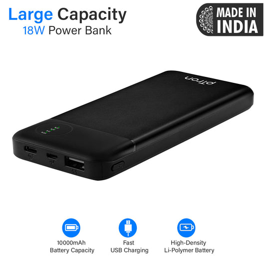 pTron Dynamo Pro 10000mAh 18W QC3.0 PD Power Bank, Made in India, Fast Charge, Type-C & Micro USB Input Ports, with 18W Type C Mini Cable for Smartphones & Other Smart Device - (Black)