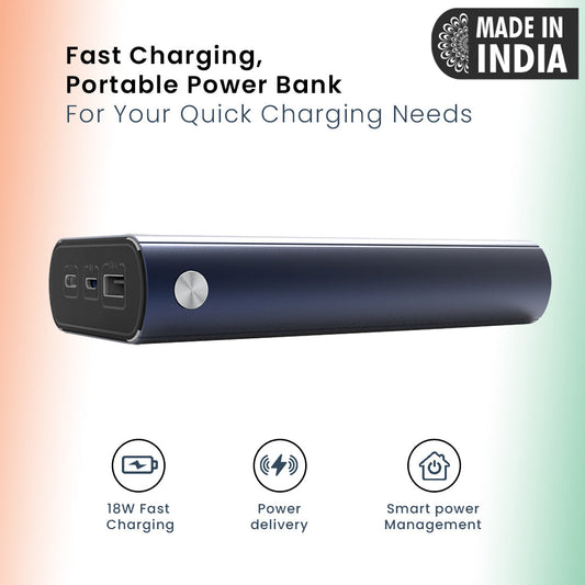 pTron Dynamo Zip 20000mAh Power Bank, 18W Fast Charge Type-C, Sturdy Design, Type-C & Micro USB Input Ports, Safe & Reliable, Li-Polymer Power Bank for Smartphones & Other Smart Device - (Blue)