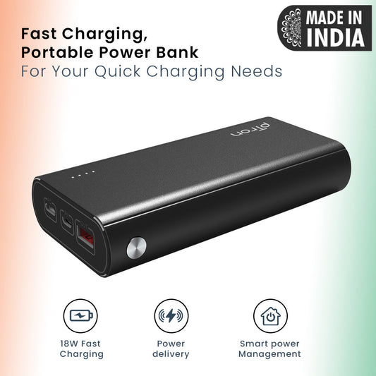 pTron Dynamo Zip 20000mAh Power Bank, 18W Fast Charge Type-C, Sturdy Design, Type-C & Micro USB Input Ports, Safe & Reliable, Li-Polymer Power Bank for Smartphones & Other Smart Device - (Black)