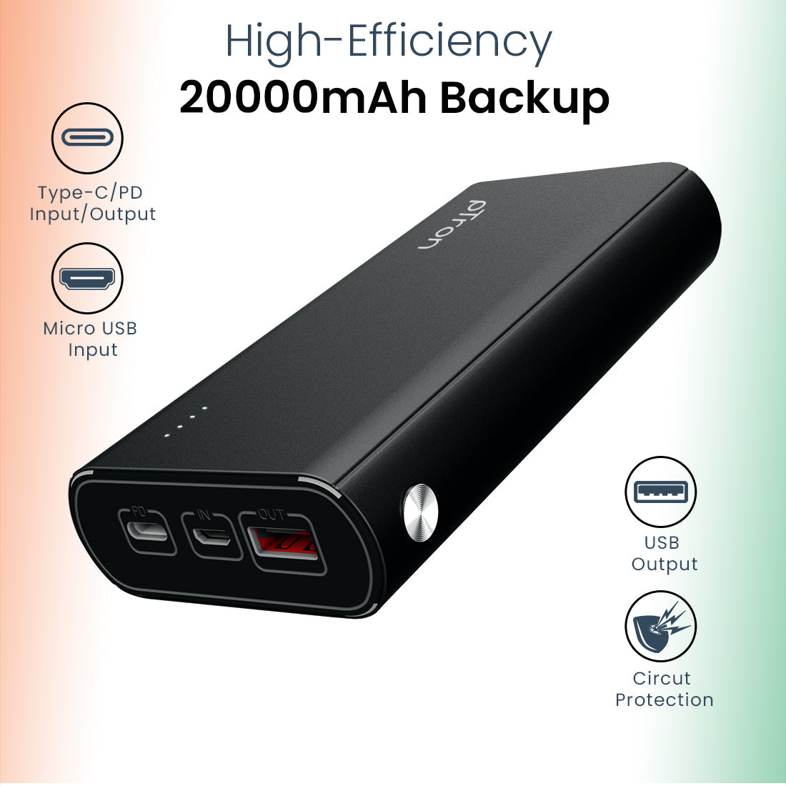 pTron Dynamo Zip 20000mAh Power Bank, 18W Fast Charge Type-C, Sturdy Design, Type-C & Micro USB Input Ports, Safe & Reliable, Li-Polymer Power Bank for Smartphones & Other Smart Device - (Black)