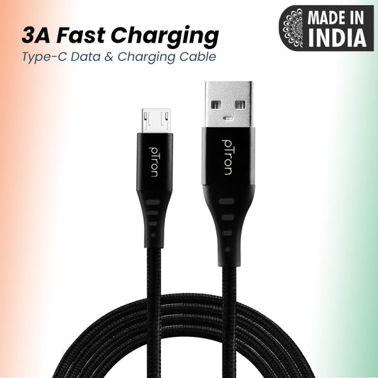 pTron Solero MB301 3A Micro USB Data & Charging Cable, Made in India, 480Mbps Data Sync, Strong & Durable 1.5 m Nylon Braided USB Cable for Micro USB Devices - (Black)