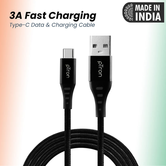 pTron Solero TB301 3A Type-C Data & Fast Charging Cable, Made in India, 480Mbps Data Sync, Strong & Durable 1.5 m Nylon Braided USB Cable for Type-C Devices - (Black)