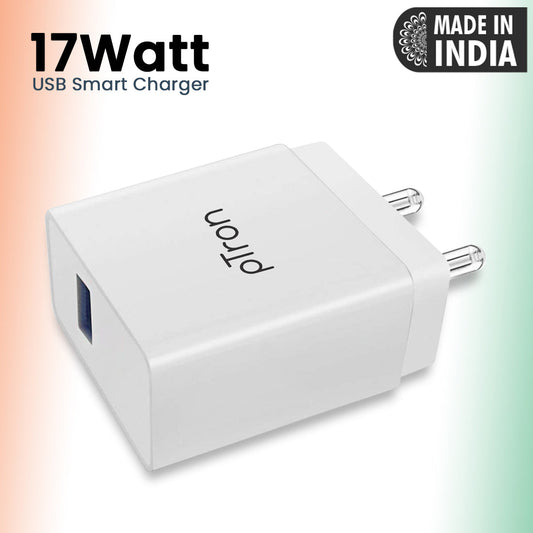 pTron Volta Plus 17W USB Smart Charger, Made in India, BIS Certified, Fast Charging Power Adaptor Without Cable for All iOS & Android Devices - (White)