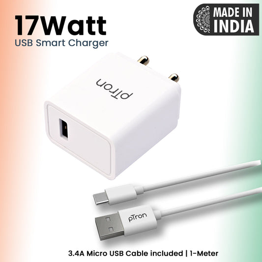 pTron Volta Plus 17W USB Smart Charger with 3.4A Type-C USB 1-Meter Cable, Made in India, BIS Certified Fast Charging Power Adaptor - (White)