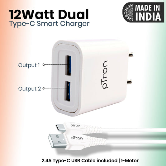 pTron Volta Evo 12W Single USB Smart Charger with 2.4A Type-C USB 1-Meter Cable, Made in India, BIS Certified Fast Charging Power Adaptor - (White)