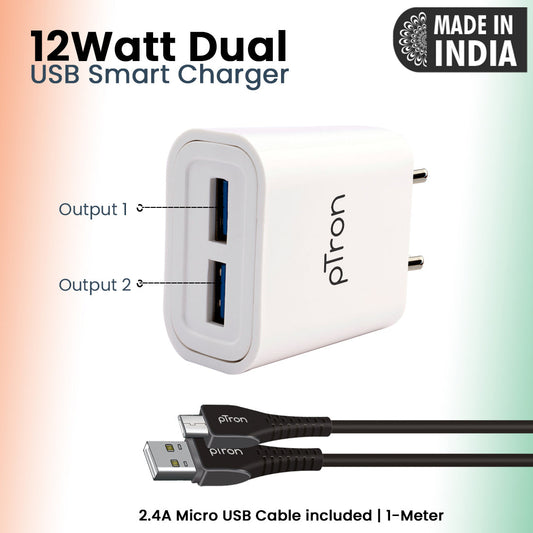 pTron Volta Evo 12W Single USB Smart Charger with 2.4A Micro USB 1-Meter Cable, Made in India, BIS Certified Fast Charging Power Adaptor - (White)