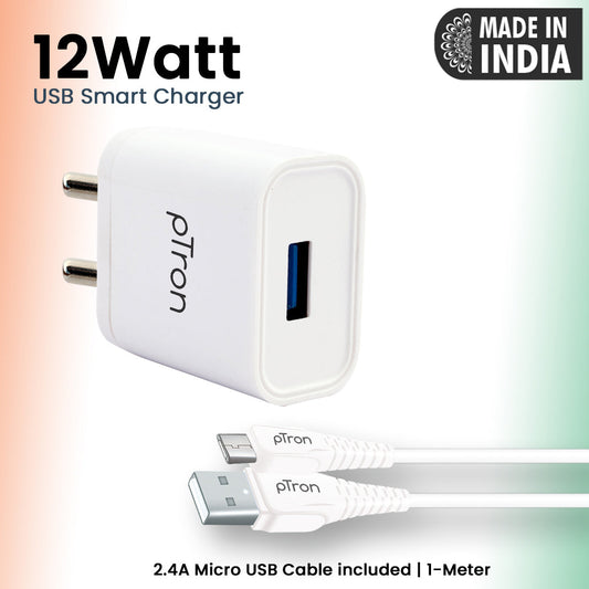 pTron Volta 12W Single USB Smart Charger with 2.4A Micro USB 1-Meter Cable, Made in India, BIS Certified Fast Charging Power Adaptor - (White)