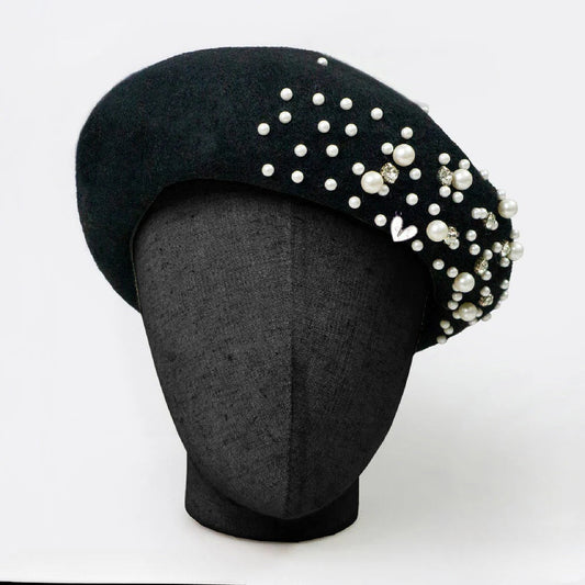 Pearl Embellished Black Beret