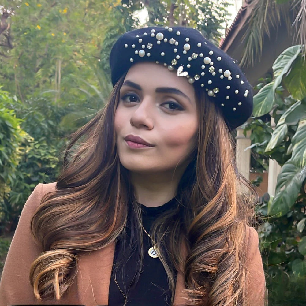 Pearl Embellished Black Beret