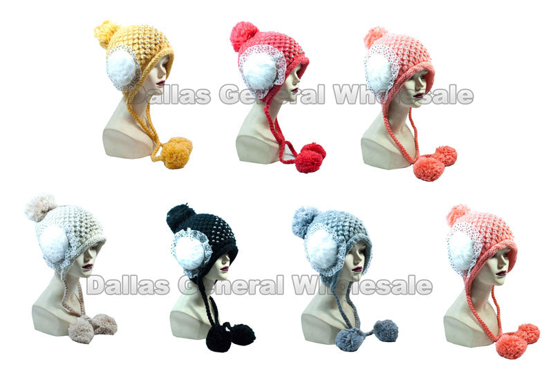 Winter Beanie Girls Fashion Caps with Furry Balls In Bulk - Assorted