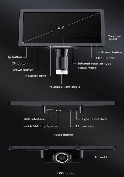 10 Inch Display Digital Microscope 1200X(GI LP101)-with HDMI/USB output Extra Led Lights and Batteries