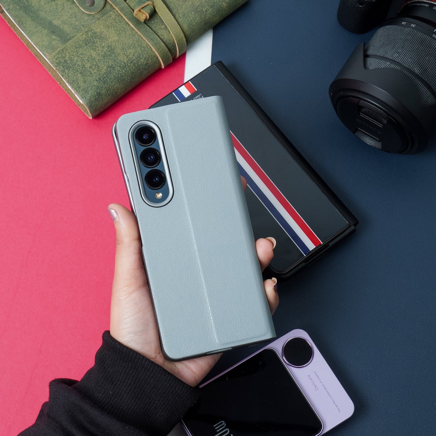 Galaxy Z Fold4 Luxury Colored Strap Glass Flip Case