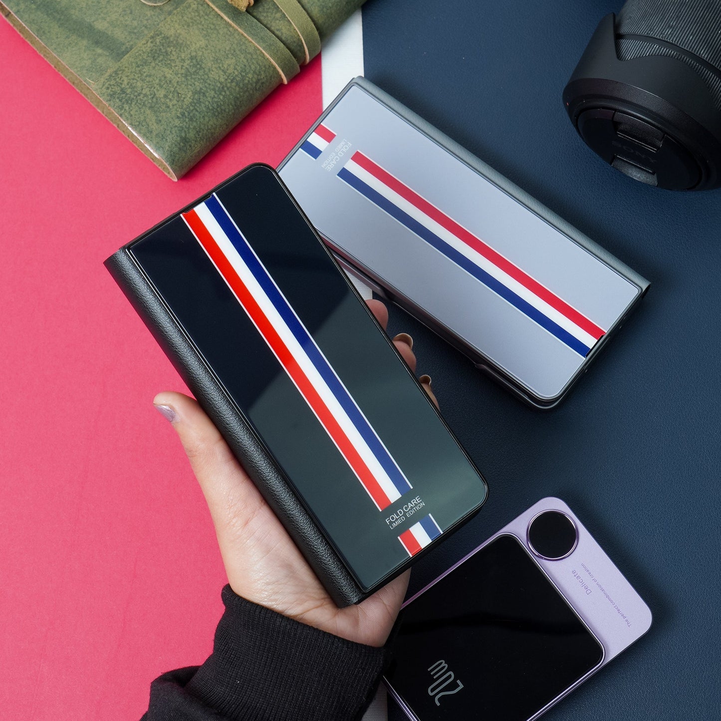 Galaxy Z Fold4 Luxury Colored Strap Glass Flip Case