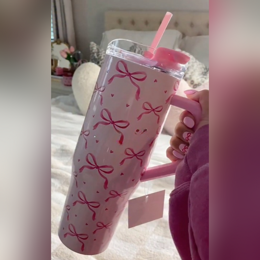 Delicate Ribbon Print Tumbler with Ergonomic Handle