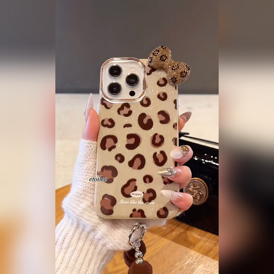 3D Bow Leopard Hanging Charm Phone Case