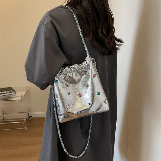 Diamond Crossbody Leather Bucket Bag