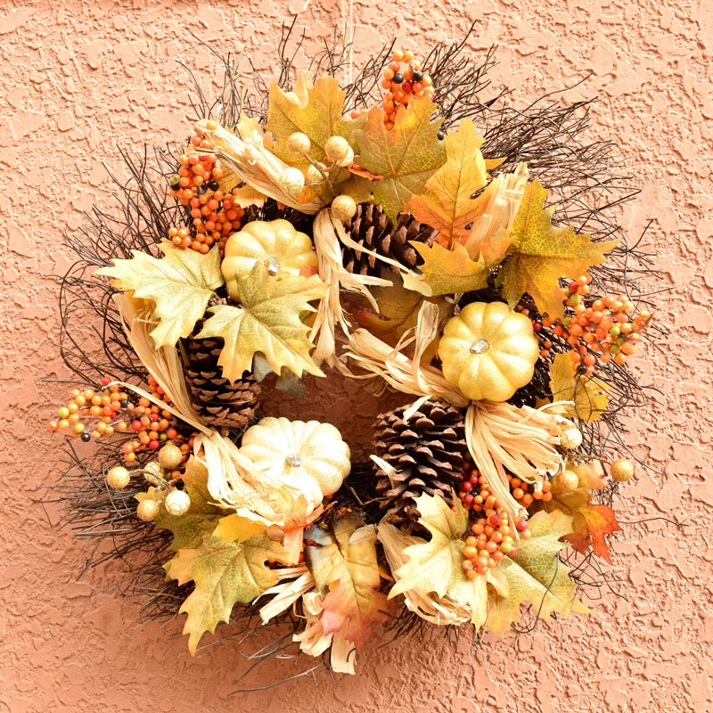 0709BA Artificial Maple Leaf Pumpkin Rattan Decorations Halloween Garland Wall Hanging Thanksgiving Ornaments Lintel Fake Leaves Door Decoration