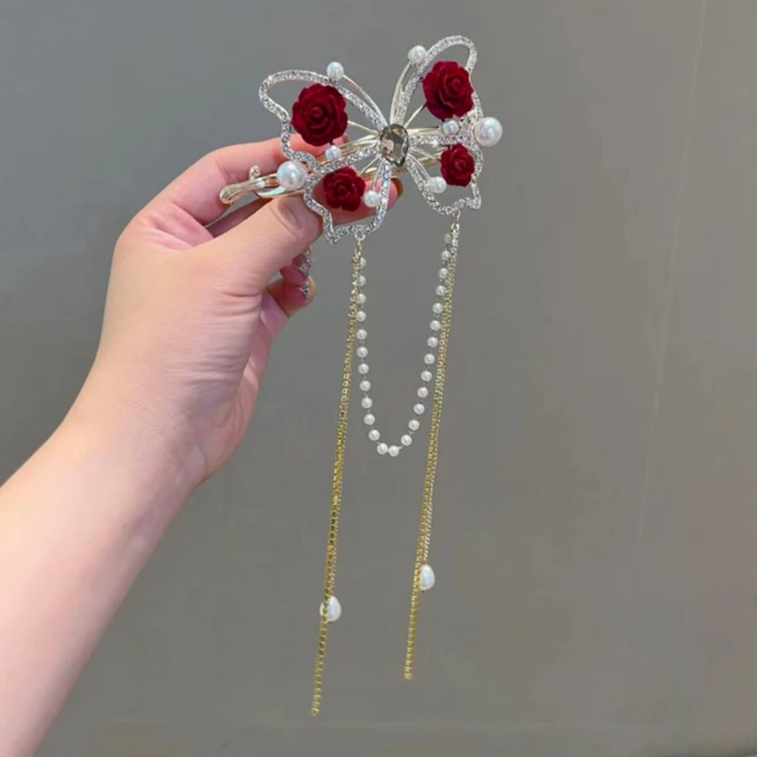Ruby Pearl Winged Tassel Hairpin